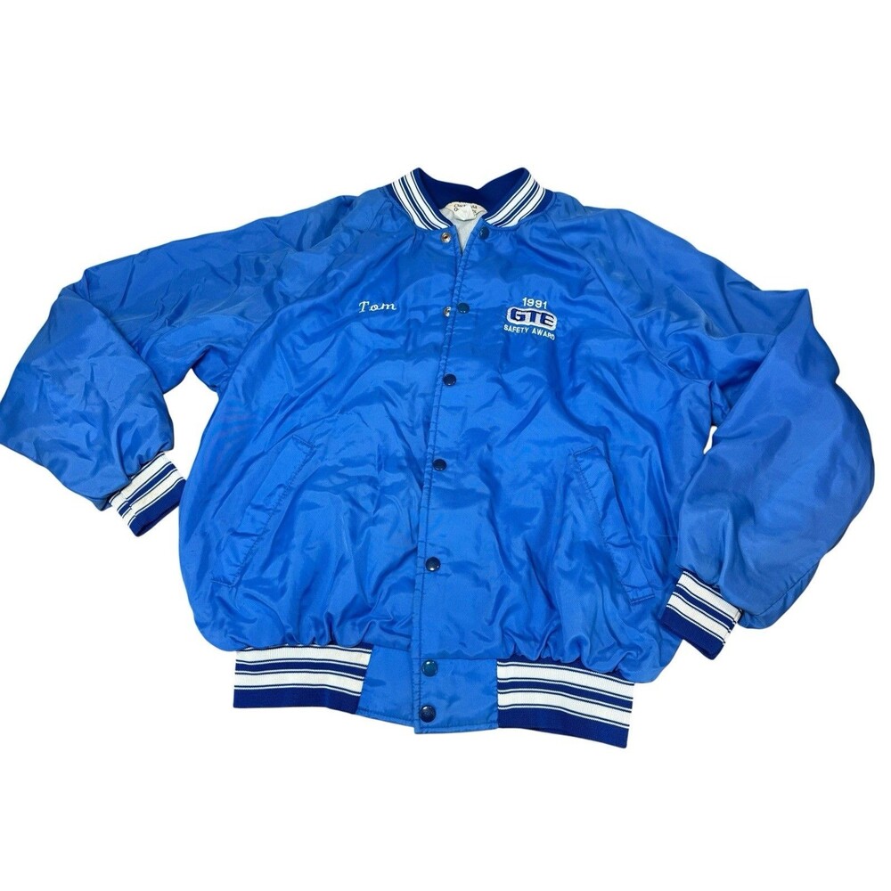 Vintage 1991 GTE Safety Award Blue Jacket Bomber Nylon XL USA "Tom" Clarkfield